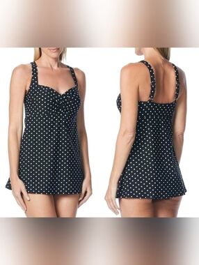Gabar Polka Dot Swimdress One Piece Swimsuit Size L Tummy Control Skirted Black